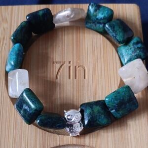 Chrysocolla & Rutile Quartz Gemstone Stretch Bracelet Owl Charm